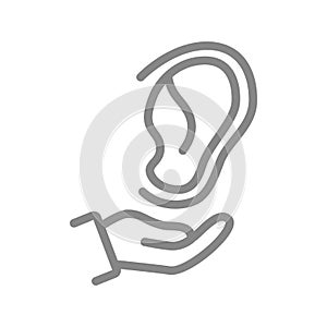 Human ear on hand line icon. Healthcare, medical treatment, disease prevention symbol