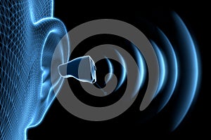 Human ear with hearing aid and sound waves - 3D illustration