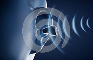 Human ear with hearing aid and sound waves - 3D illustration