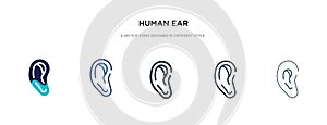 Human ear icon in different style vector illustration. two colored and black human ear vector icons designed in filled, outline,