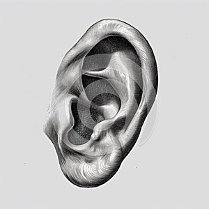 Human ear illustration in black and white.