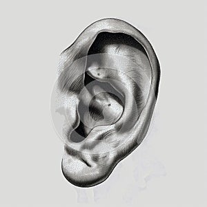 Human ear illustration in black and white.