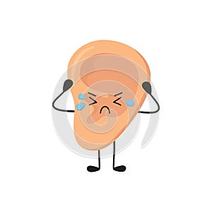 Human ear kawaii sad character. Sick ear. The organ of hearing. Otitis and other diseases. Vector illustration isolated