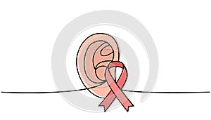 Human ear with ribbon one line colored continuous drawing. Cancer awareness ribbon, AIDS tape continuous one line