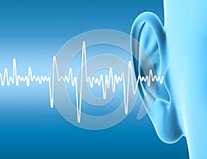 Human ear with sound wave, tinnitus, medically 3D illustration, blue background