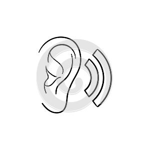 Human ear with sound waves hand drawn outline doodle icon.
