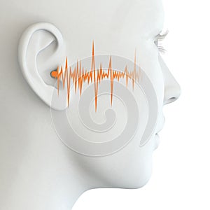 Human ear of a woman with soundwave, tinnitus, medically 3D illustration