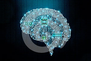 Human electronic brain printed circuit board or pcb design with components and cpu on binary code background. Transhumanism,