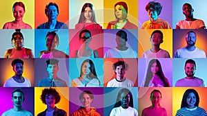 Human emotions. Collage of ethnically diverse people, men and women expressing different emotions over multicolored neon