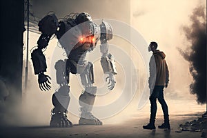 A human encounters a giant robot. Generative AI photo