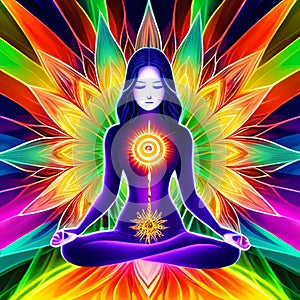 Human energy body, aura, chakra in meditation. Meditating human in lotus pose. Yoga illustration, human practicing yoga..