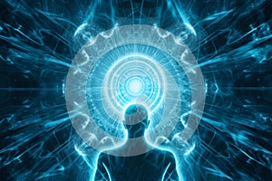 Human energy body, aura, chakra in meditation. Neural network AI generated