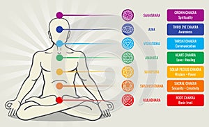 Human energy chakra system, ayurveda love asana vector illustration