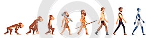 Human evolution. Apes human, people ancestor and development process. Flat early-man, cartoon business guy and robot