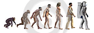 Human evolution, from apes to the space, 3d illustration