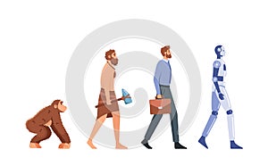 Human Evolution, Mankind Development Concept. Monkey, Caveman, Businessman, Cyborg. Male Character Evolving