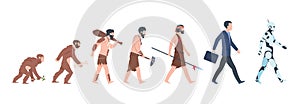 Human evolution. Monkey to businessman and cyborg cartoon concept, from ancient ape to man growth. Vector mankind