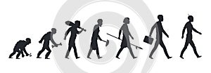 Human evolution silhouette. Monkey ape and caveman to businessman growing concept. Vector mankind development and