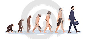 Human evolution stages. Evolutionary process and gradual development visualization from monkey or primate to businessman