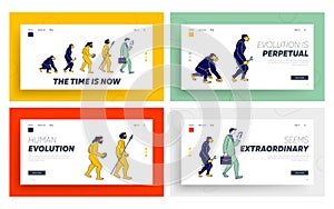 Human Evolve Steps from Ape to Businessman with Gadget Website Landing Page Set. Darwin Theory, Anthropology photo