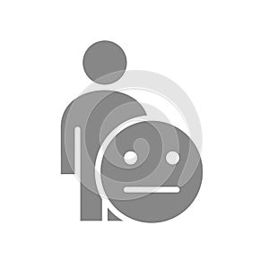 Human with expressionless emotions gray icon. Emotionless person, indifferent face symbol
