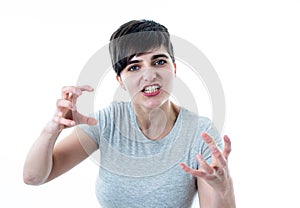 Human expressions and emotions. Desperate young attractive woman with angry face looking furious