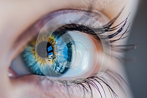 human eye with blue iris, long eyelashes, Blue woman eye macro, Macro image of human eye