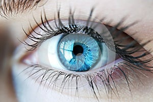 human eye with blue iris, long eyelashes, Blue woman eye macro, Macro image of human eye