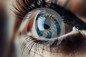 human eye with blue iris, long eyelashes, Blue woman eye macro, Macro image of human eye