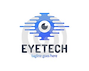 Human eye with circuit board, tech logo emblem. Concept for CCTV. Vector human tech eye logo, sign, emblem design element