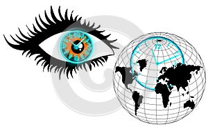 The human eye, clock and globe, look over time