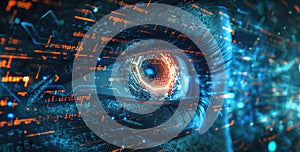 Human eye close-up on blue tech background, hacker face and digital data pattern. Concept of cyber security, technology, future,