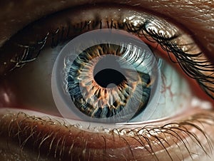 Human eye closeup as concept for World Sight Day. Contact lens, retina, cornea and eyelash. Generative AI