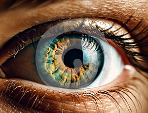 Human eye closeup as concept for World Sight Day. Contact lens, retina, cornea and eyelash. Generative AI