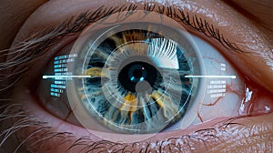 human eye with digital biometric scanning interface and binary code overlay