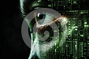 the human eye with a digital implant and holo on face, the concept of augmented reality and digital vision of the future,