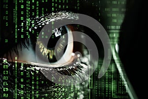 the human eye with a digital implant and holo on face, the concept of augmented reality and digital vision of the future,