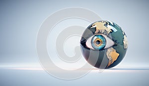 Human eye with earth globe on it in a studio background. Nature and environment concept