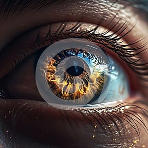 Human eye with galaxy inside close-up, golden iris on dark background.