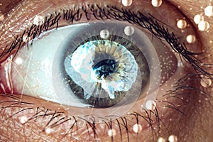 The human eye with the image of the brain in the pupil. Concept of artificial intelligence