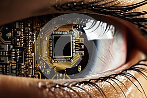 the human eye with an implant in the form of an electronic digital board, the concept of augmented reality and computer