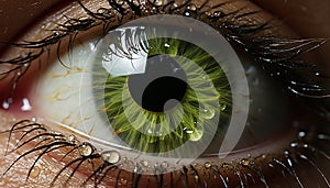 Human eye macro looking at camera, green eyes reflecting nature beauty generated by AI