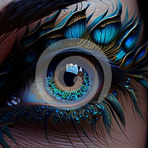 Human eye with peacock feathers glued to the eyelashes, close-up, unusual beauty design, Mike-up.