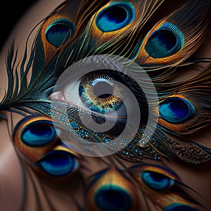 Human eye with peacock feathers glued to the eyelashes, close-up, unusual beauty design, Mike-up.