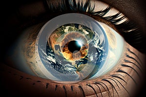 In the human eye, the pupil in the form of the planet Earth. AI generated
