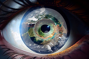 In the human eye, the pupil in the form of the planet Earth. AI generated