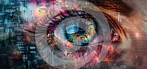 Human eye on tech background, hacker or user and digital data pattern. Concept of cyber security, technology, future, ai, hack,