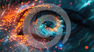 Human eye in world of digital data close-up, abstract network information background for cyber security theme. Concept of ai,