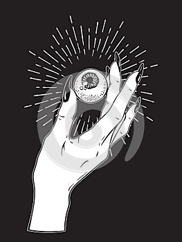 Human eyeball in female hand isolated. Sticker, print or blackwork tattoo hand drawn vector illustration photo
