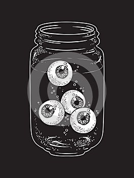 Human eyeballs in glass jar . Sticker, print or blackwork tattoo hand drawn vector illustration photo